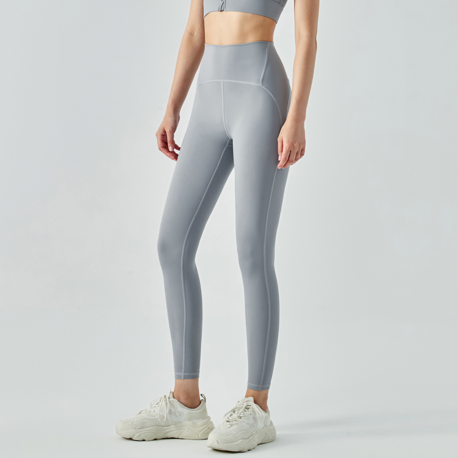 Hergymclothing Rhino Gray women's high rise traceless naked feeling tummy control slimming waist nylon gym capri leggings for sale