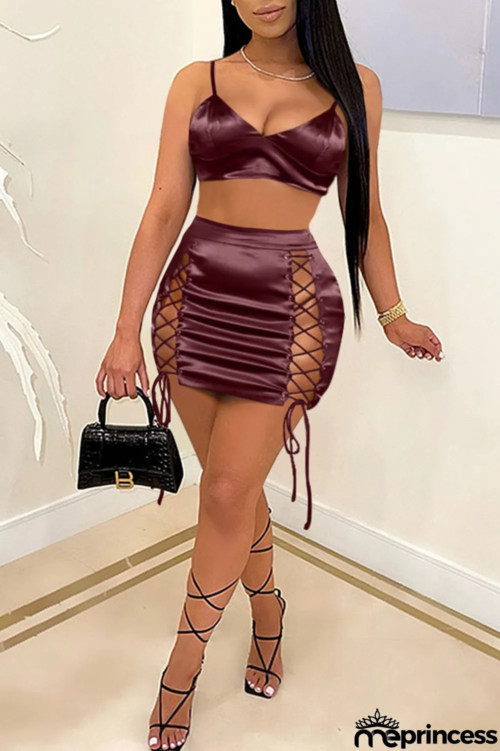 Burgundy Sexy Solid Bandage Hollowed Out Patchwork Spaghetti Strap Sleeveless Two Pieces