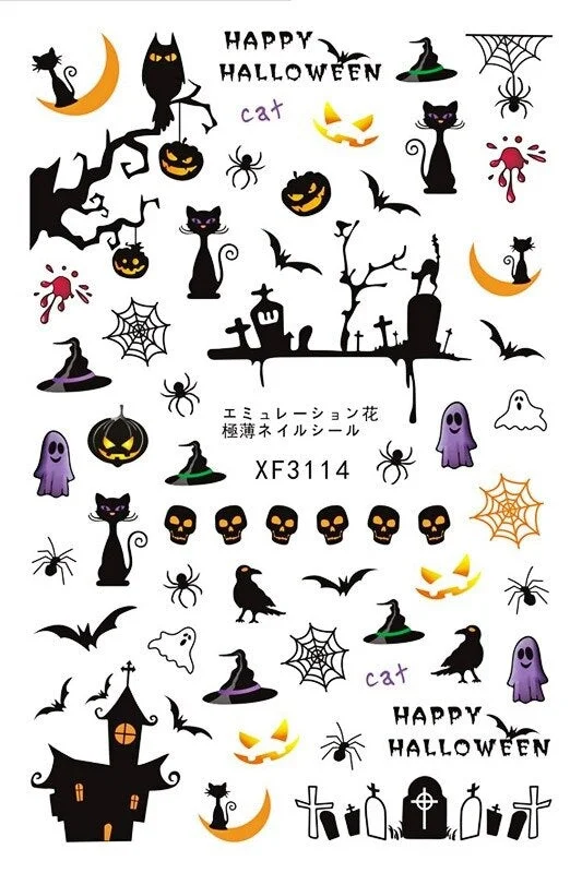 Nail Stickers Back Glue Halloween Skull Pumpkin Bat Creative Designs Nail Decal Decoration Tips For Beauty Salons-Nail Inspo