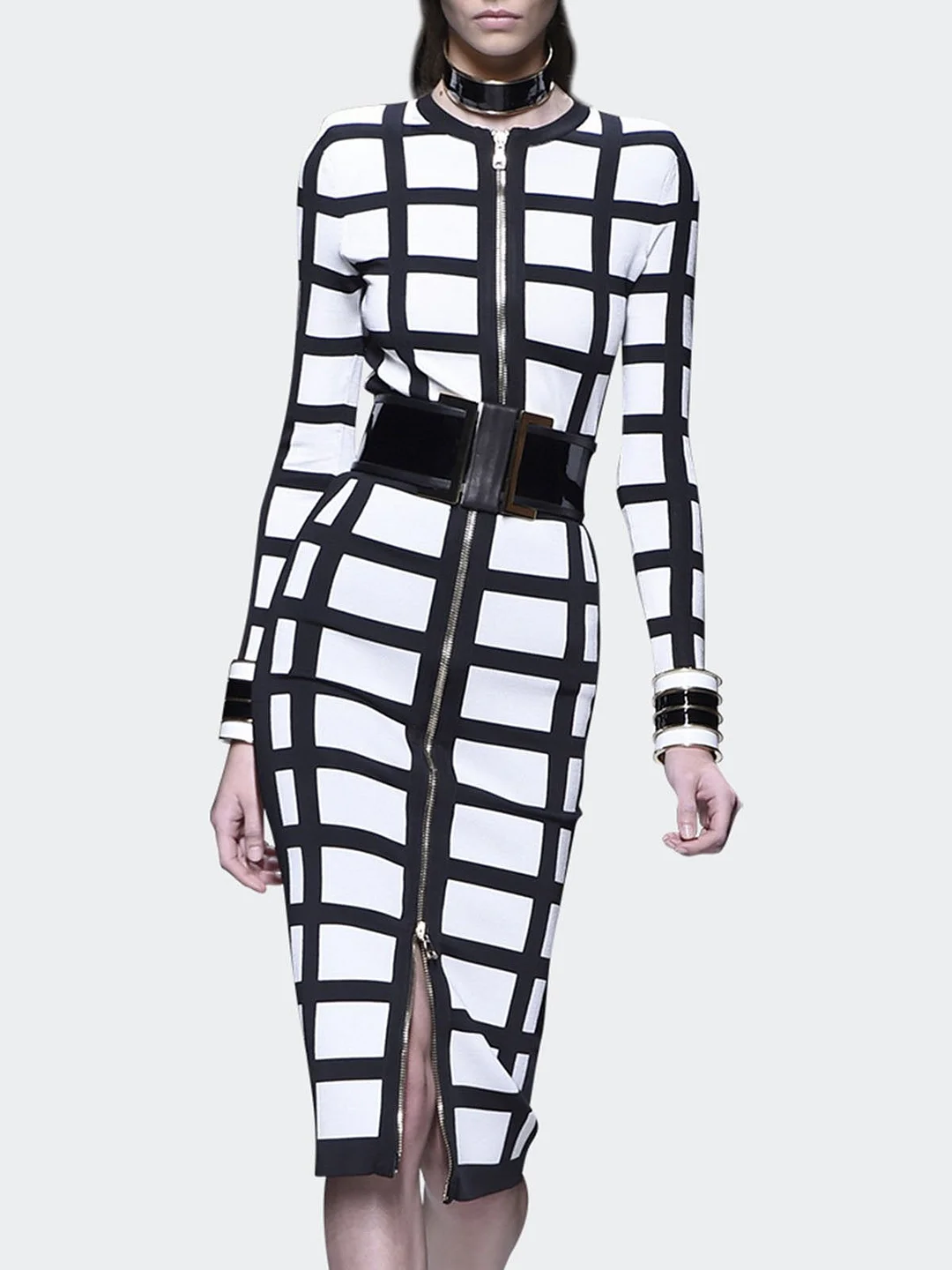 Checkered Color-block Elegant Midi Dress