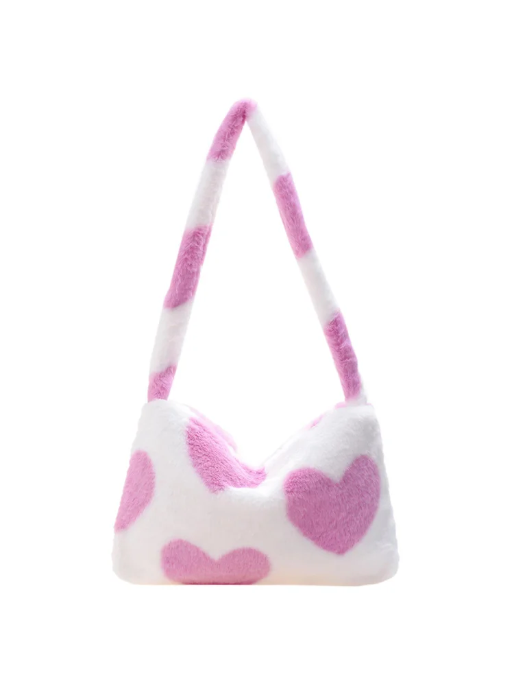 Flower Pattern Shoulder Underarm Bag Women Plush Top-handle Handbag (14)