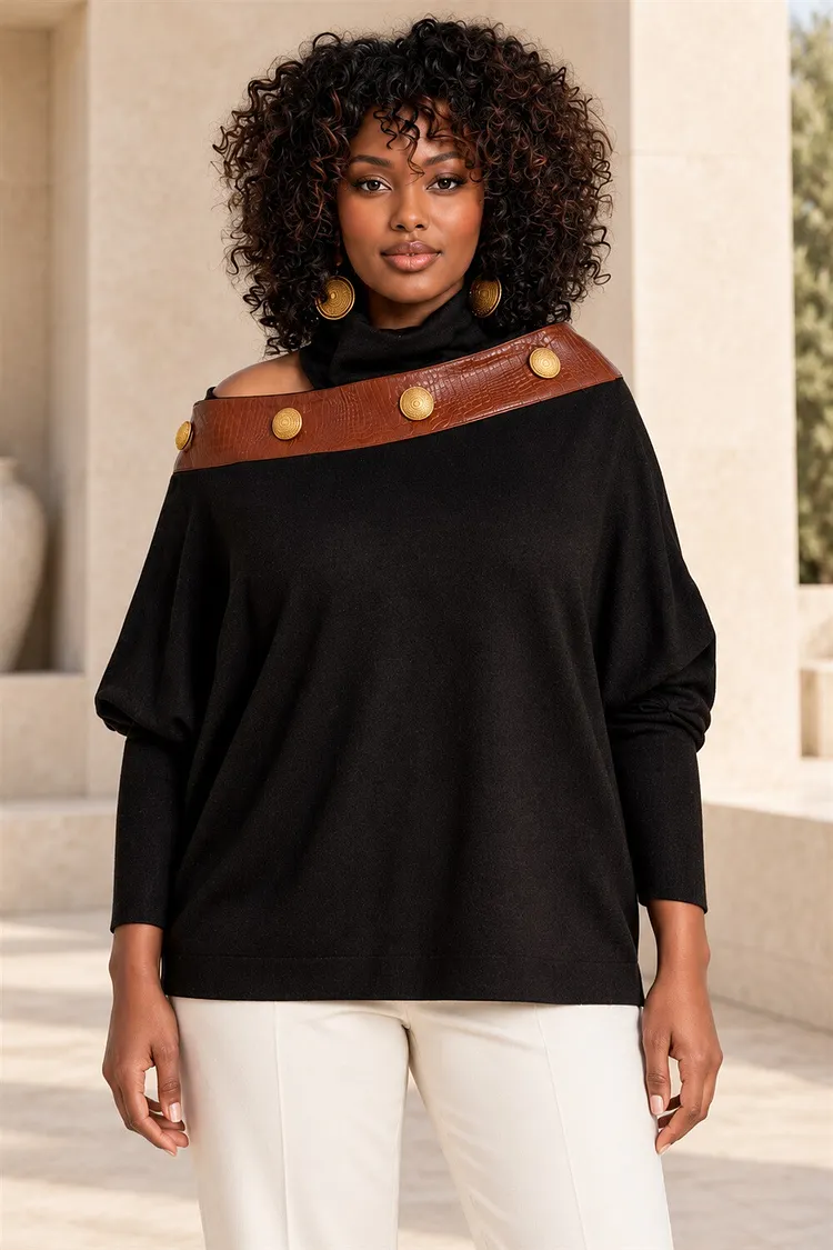 Xpluswear Design Plus Size Business Casual Black Long Sleeve Contrast Button Sweaters [Pre-Order] 2024 - Xpluswear