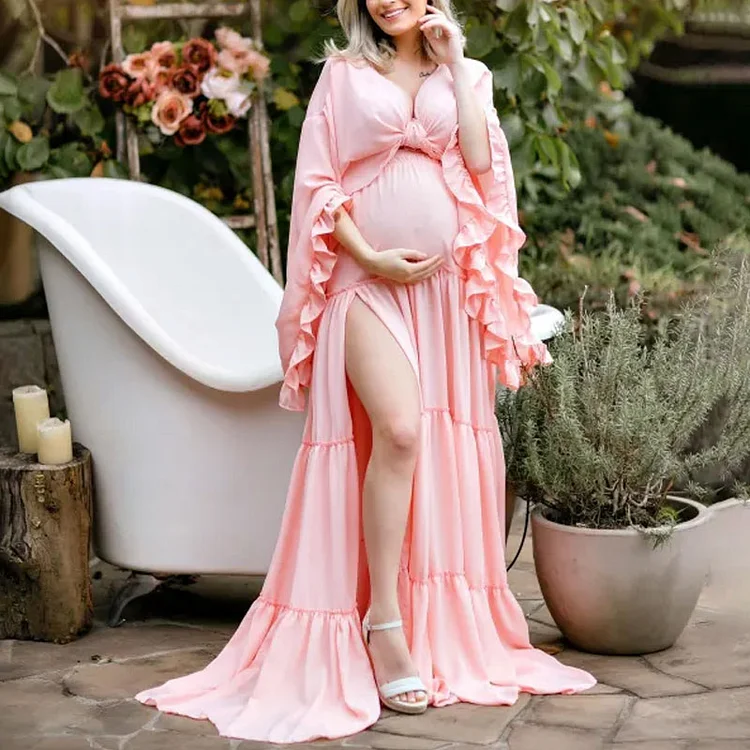 Maternity Ruffled V-Neck Maxi Dress Photoshoot Dress
