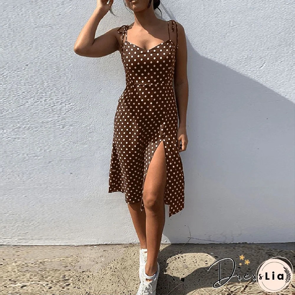 Dresses Sundress Summer Women Causal Polka Dot Sleeveless High Pleated Elastic Waist V-Neck Beach Dress Vestidos De Verano