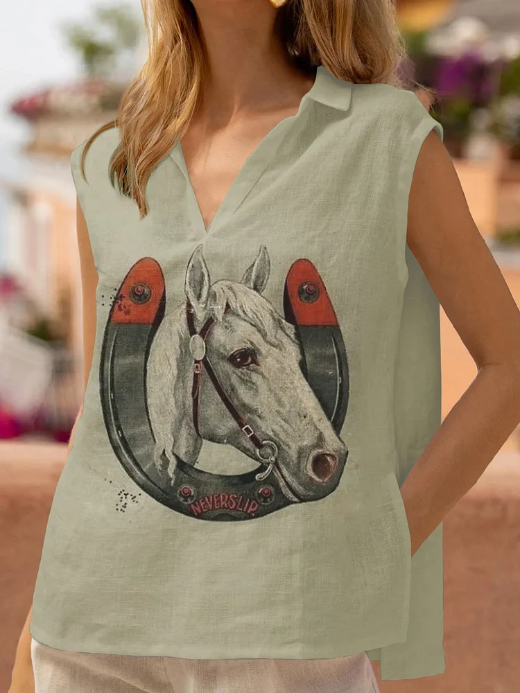 Horse Art Print Cotton And Linen Top