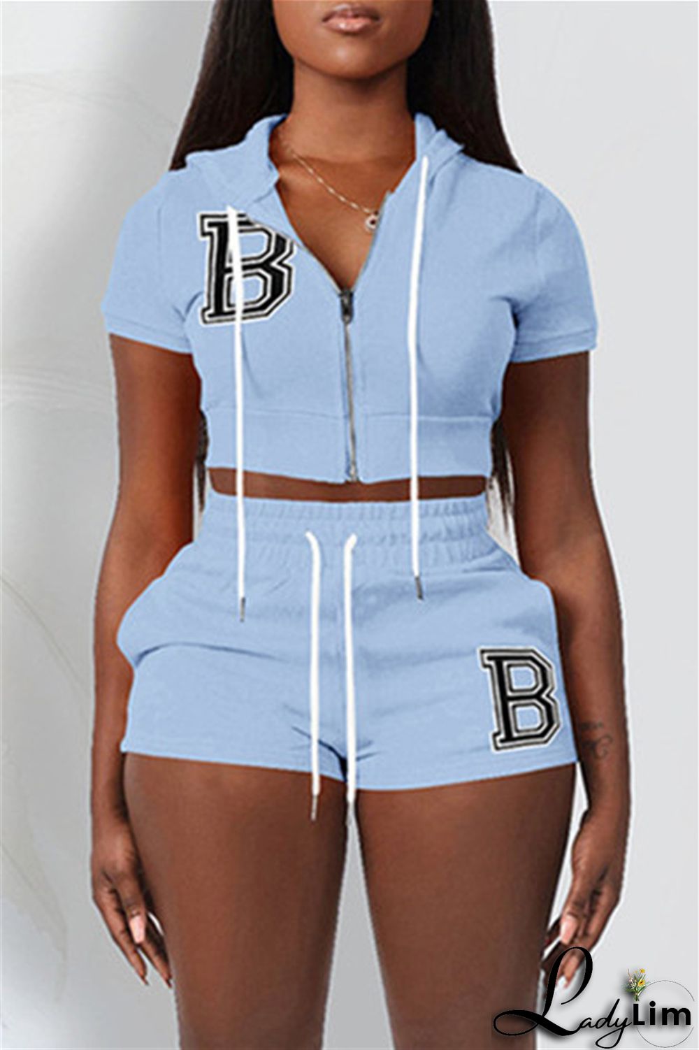 Pink Fashion Casual Letter Solid Embroidered Hooded Collar Short Sleeve Two Pieces