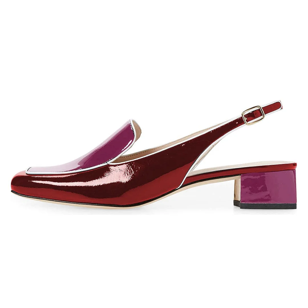 Red & Purple Square Toe Chunky Heel Slingback Women's Loafers