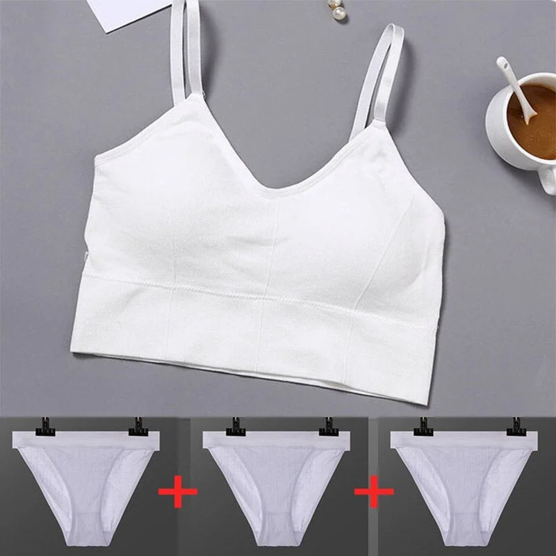 4PCS Camisole Set Tank Crop Top + Cotton Panties Solid Color Bralette for Women Underwear Female Underpants Intimates Lingerie
