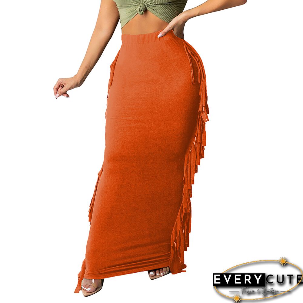 Orange Cotton Blend Sides Tassel Maxi Skirt