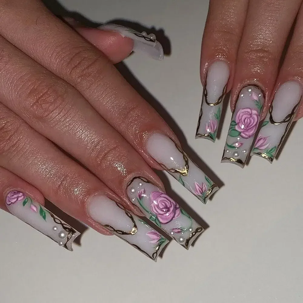 Ddmcloud 24pcs Long Ballerina Fake Nails Blue Crystal Flowers Pink Bow French False Nails Full Cover Press on Nails DIY Detachable