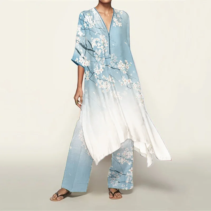 Classy Cherry Blossom Gradient Flowy Kaftan & Pants Set