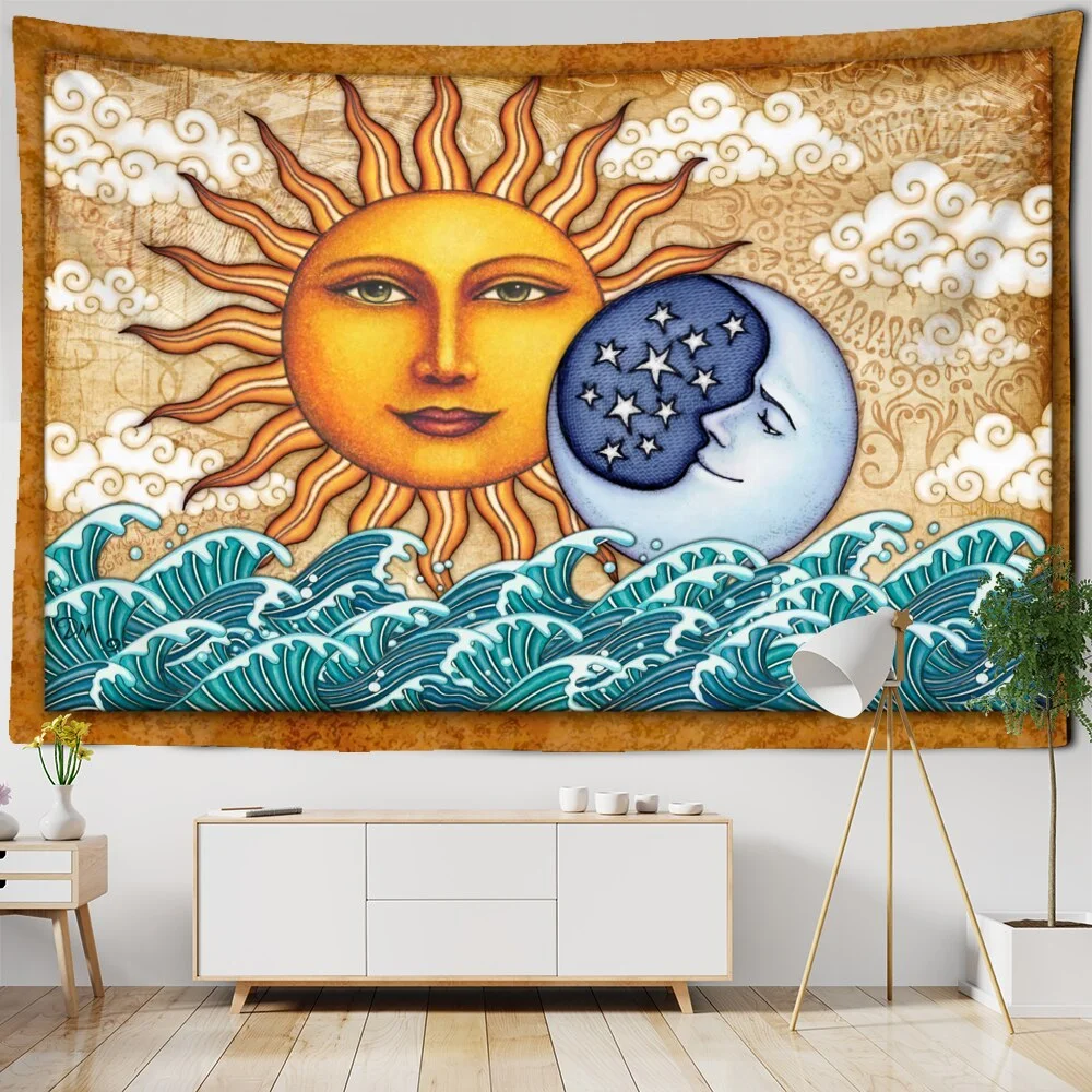 Psychedelic Sun And Moon Tapestry Wall Hanging Ins Style Japanese Relief Painting Bohemia Home Decor
