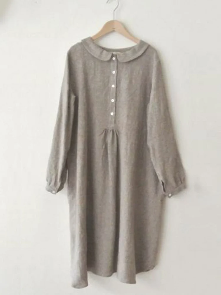 Cute round neck long sleeve cotton and linen dress