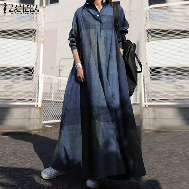 ZANZEA Autumn Stylish Women Vintage Long Sleeve Loose Sundress 2022 Casual Long Maxi Dress Kaftan Femme Solid Party Vestido Robe