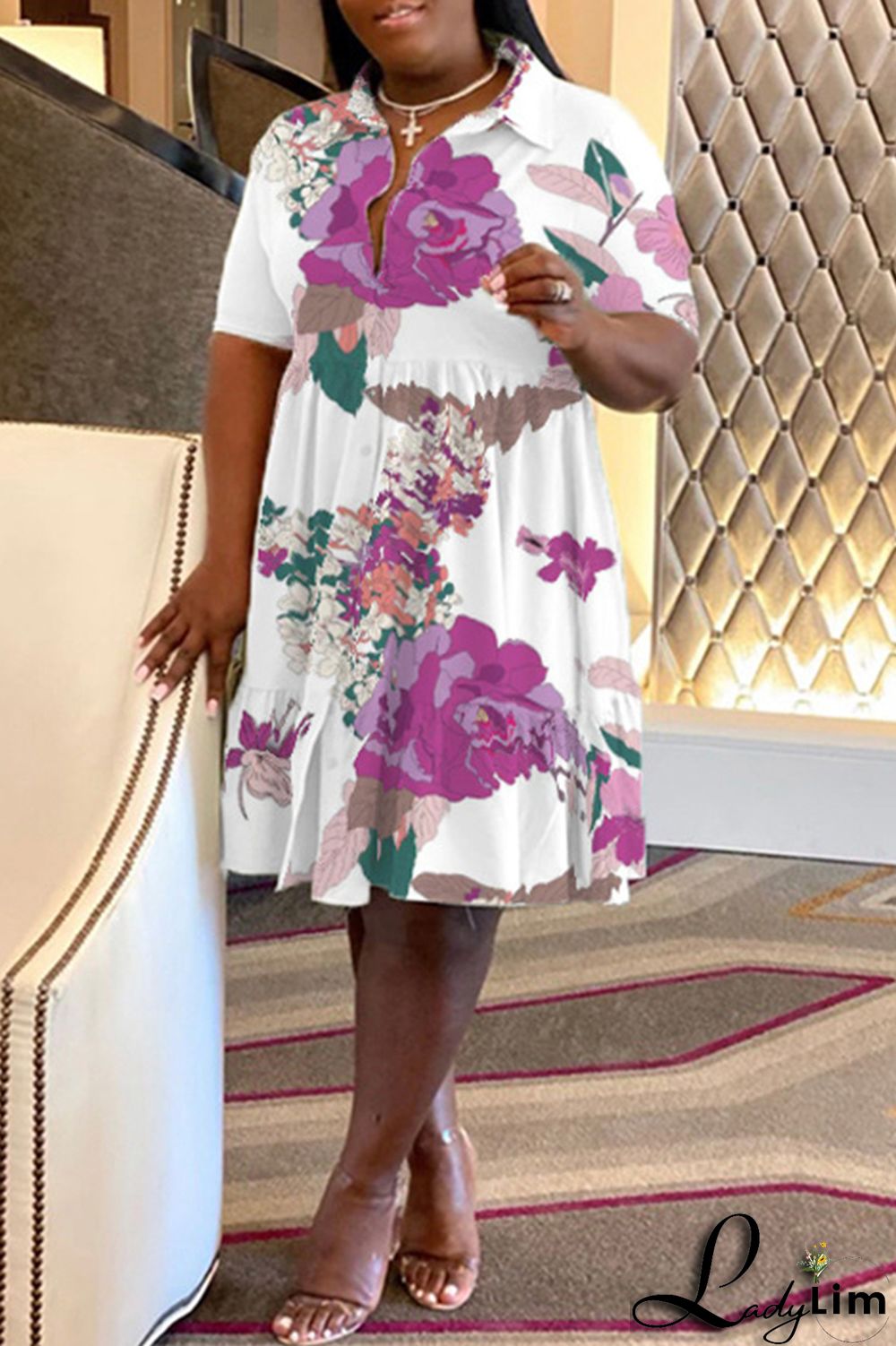 Purple Casual Print Patchwork Fold Turndown Collar A Line Plus Size Dresses