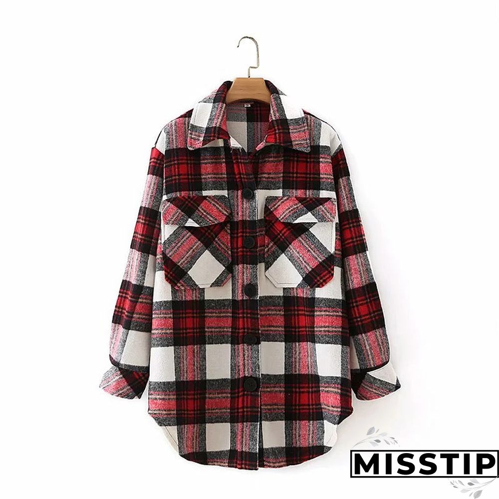 Classic Thick Colorblock Checked Button Down Shirt Jacket Woolen
