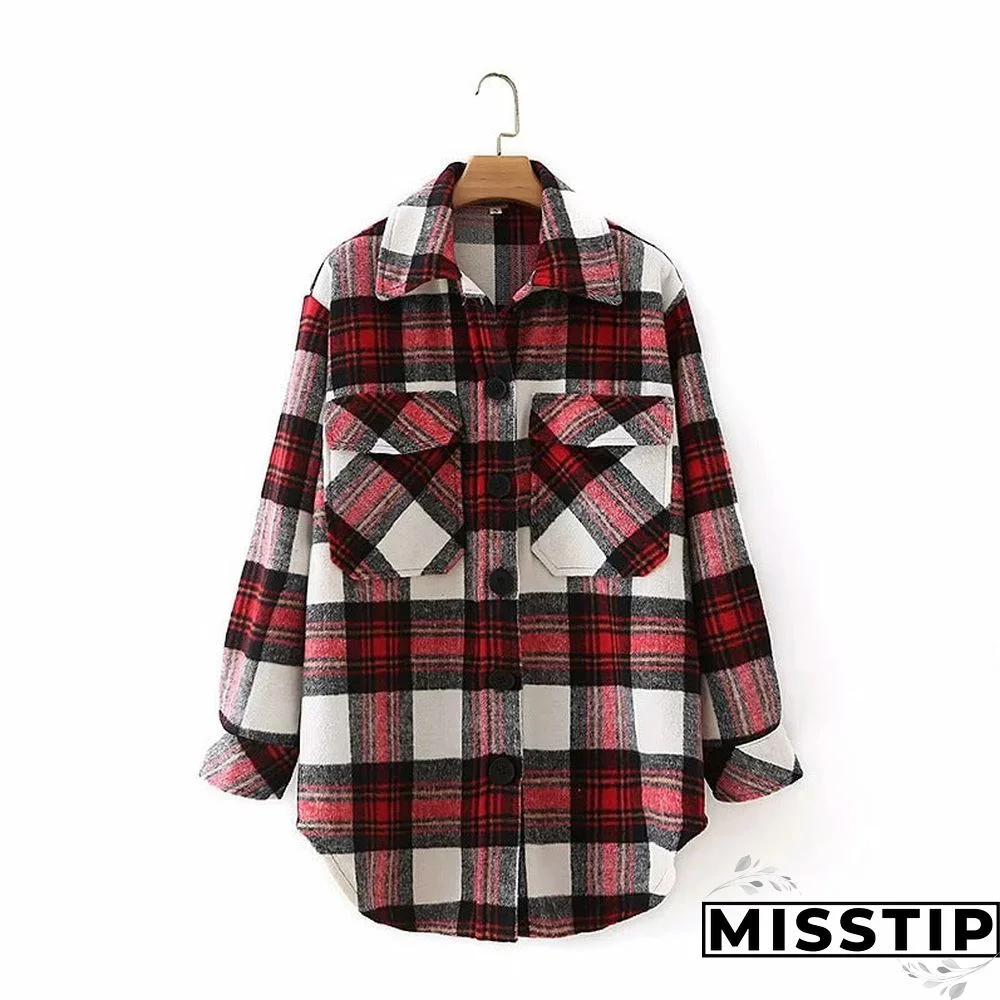 Classic Thick Colorblock Checked Button Down Shirt Jacket Woolen