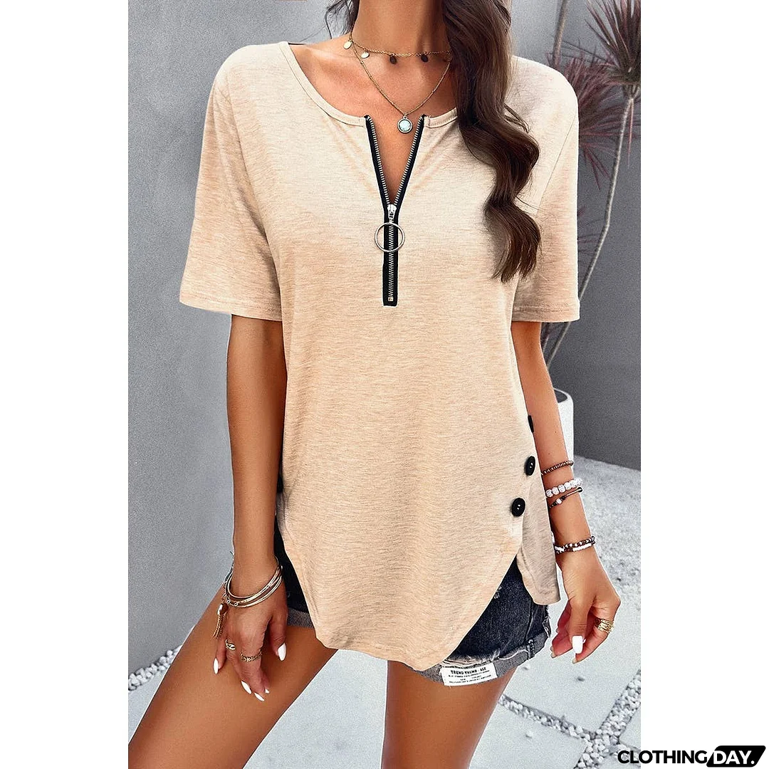 Half Zipper Button Trim Asymmetrical Hem Fit Top