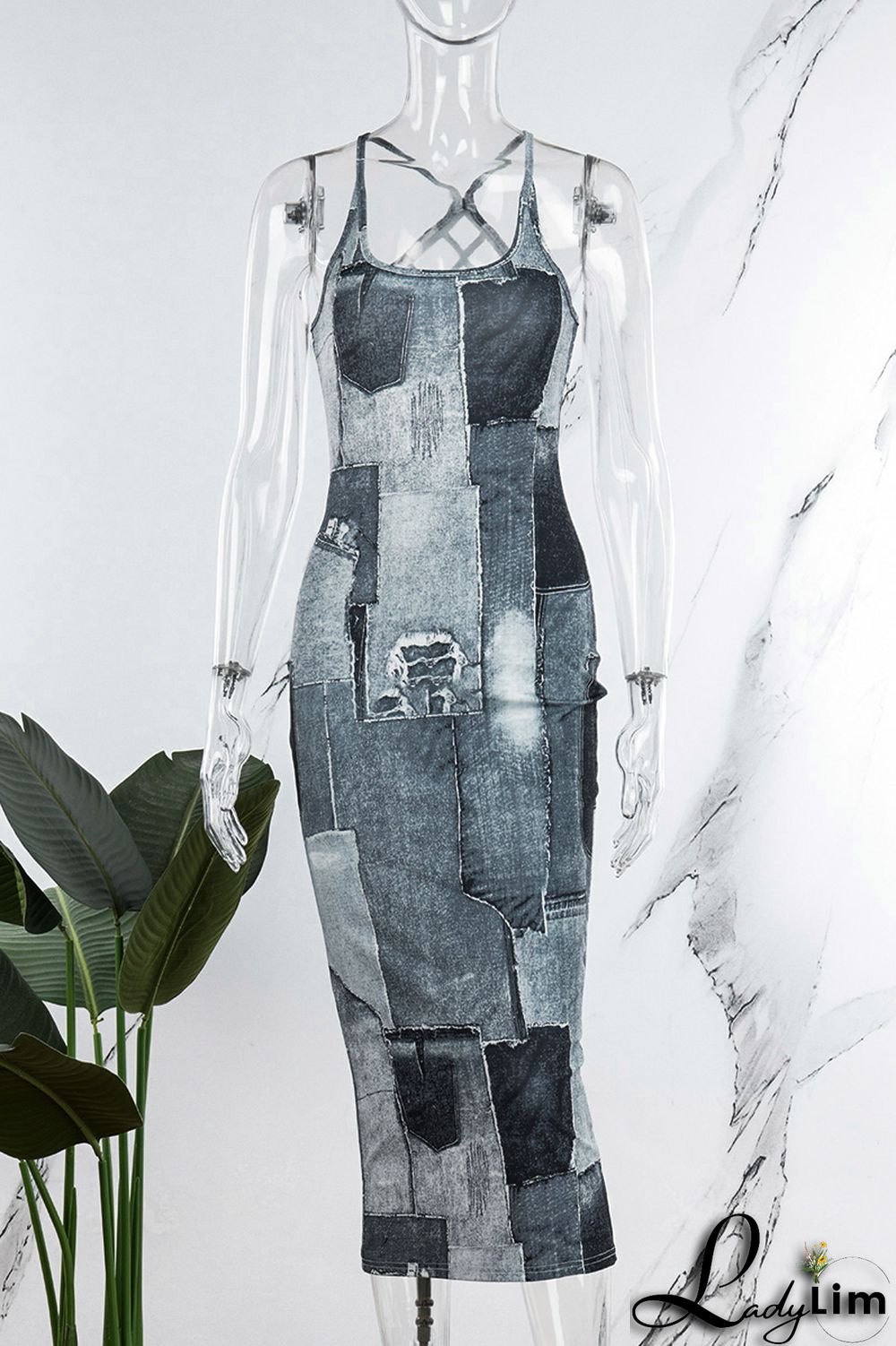 Dark Blue Sexy Print Patchwork Backless Spaghetti Strap Pencil Skirt Dresses