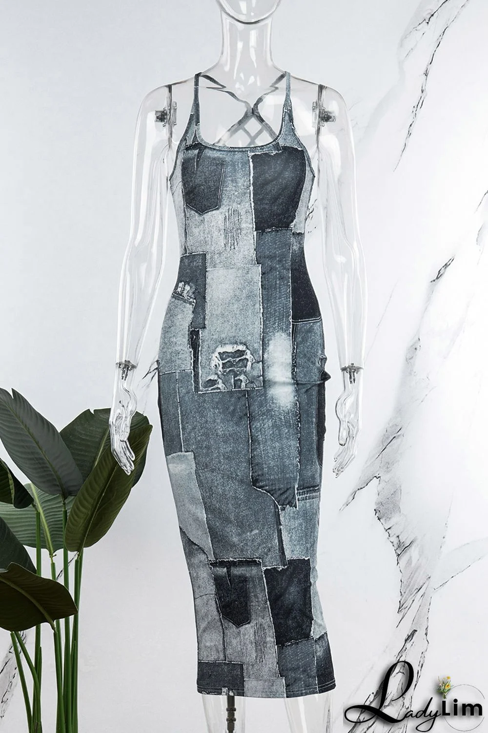 Dark Blue Sexy Print Patchwork Backless Spaghetti Strap Pencil Skirt Dresses