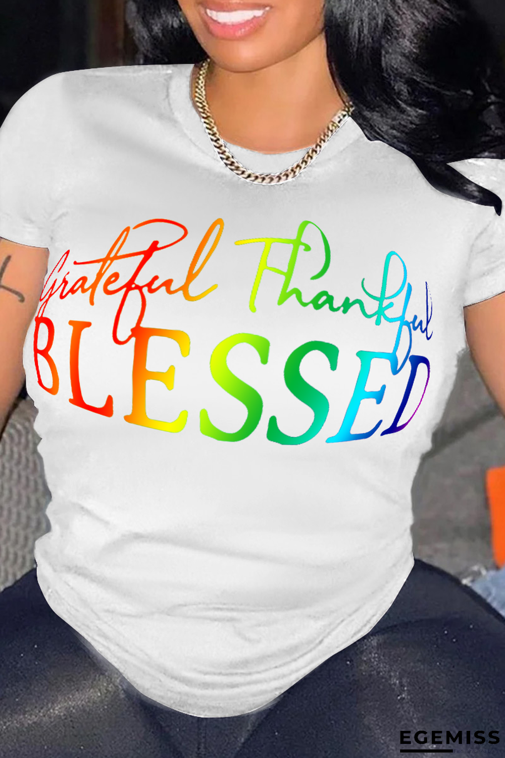 White Casual Basis Print Patchwork Letter O Neck T-Shirts | EGEMISS