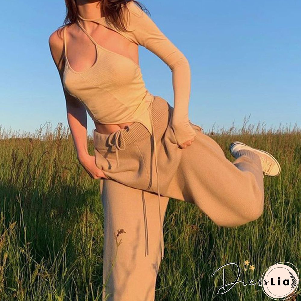 Street Sexy One Shoulder Hollow Out Tie Up Halter Crop Top Women Long Sleeve Backless Solid Slim Fit T-Shirt Exposed Navel Tee