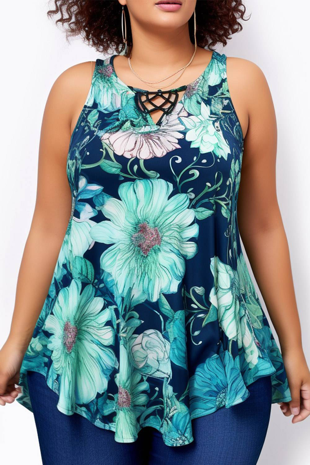 Flycurvy Plus Size Everyday Lake Blue Floral Print Lace Up Tunic Tank Top 2024 - Flycurvy 