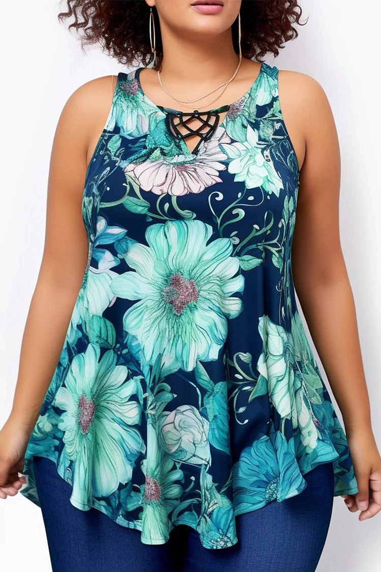 Flycurvy Plus Size Everyday Lake Blue Floral Print Lace Up Tunic Tank Top  Flycurvy [product_label]