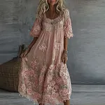 Women's Floral Roses Art Print Flowy Linen Blend Casual Short Sleeve Maxi Dress - Image 2
