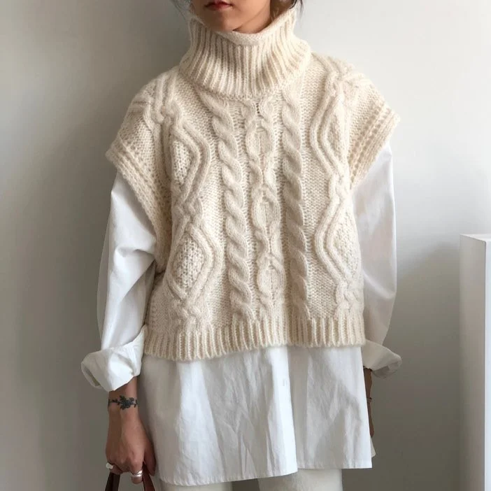 Vintage turtleneck hemp pattern loose knit sweater vest