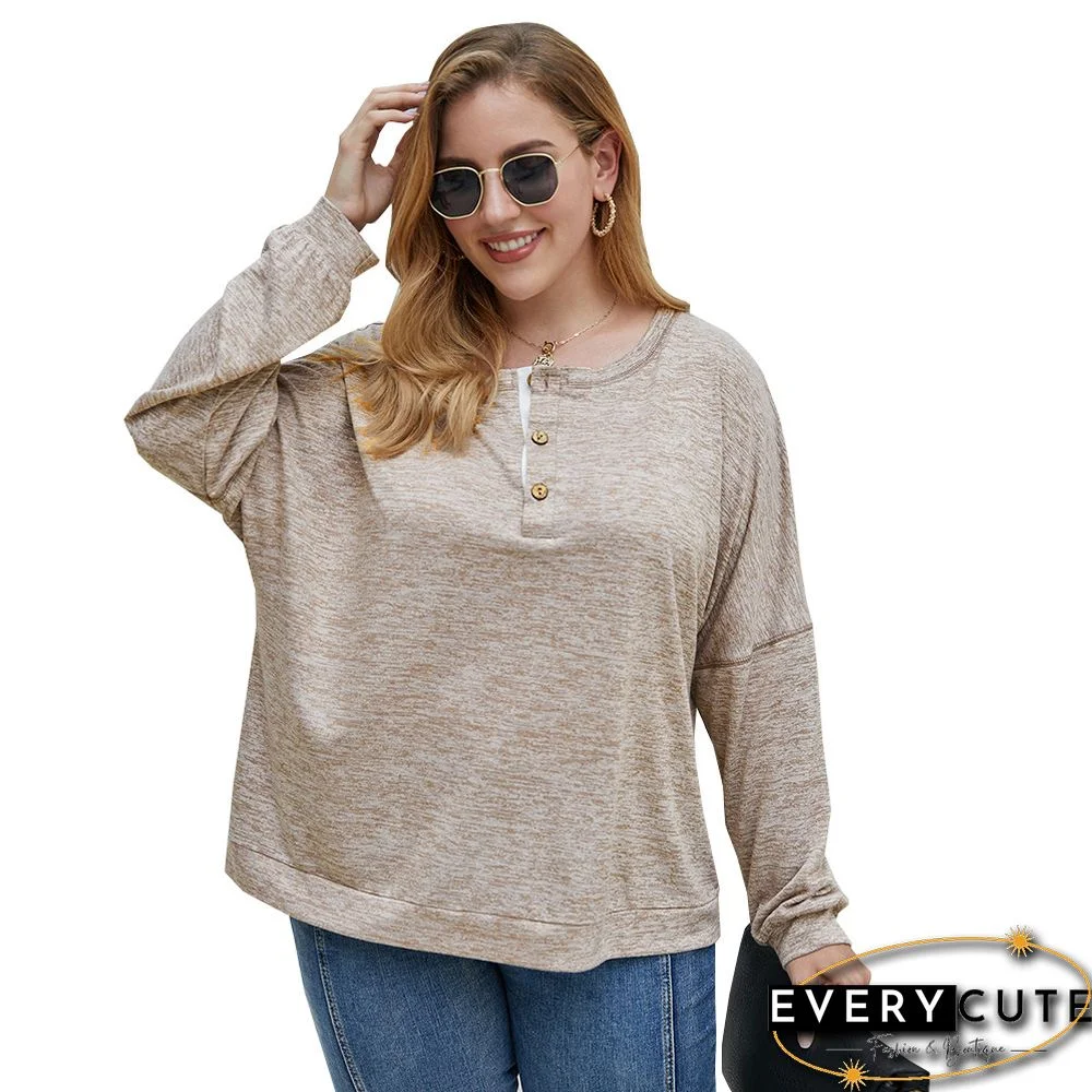 Khaki Button Neck Loose Style Plus Size Tops