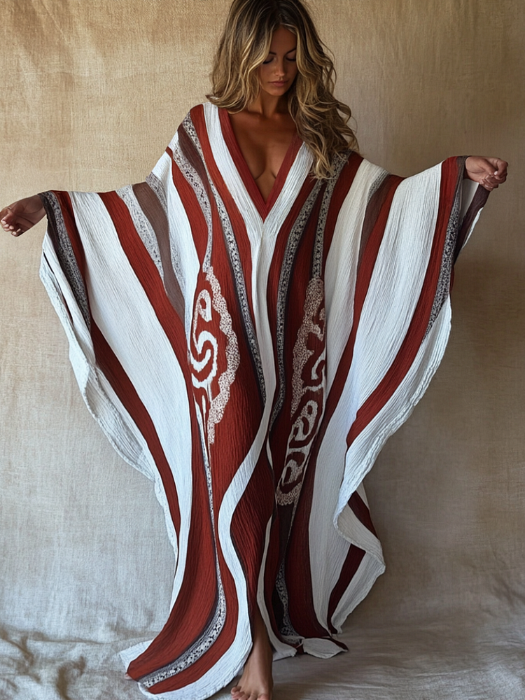 Ladies' Brushstroke Symphony Art Red-White Linen V-Neck Robe