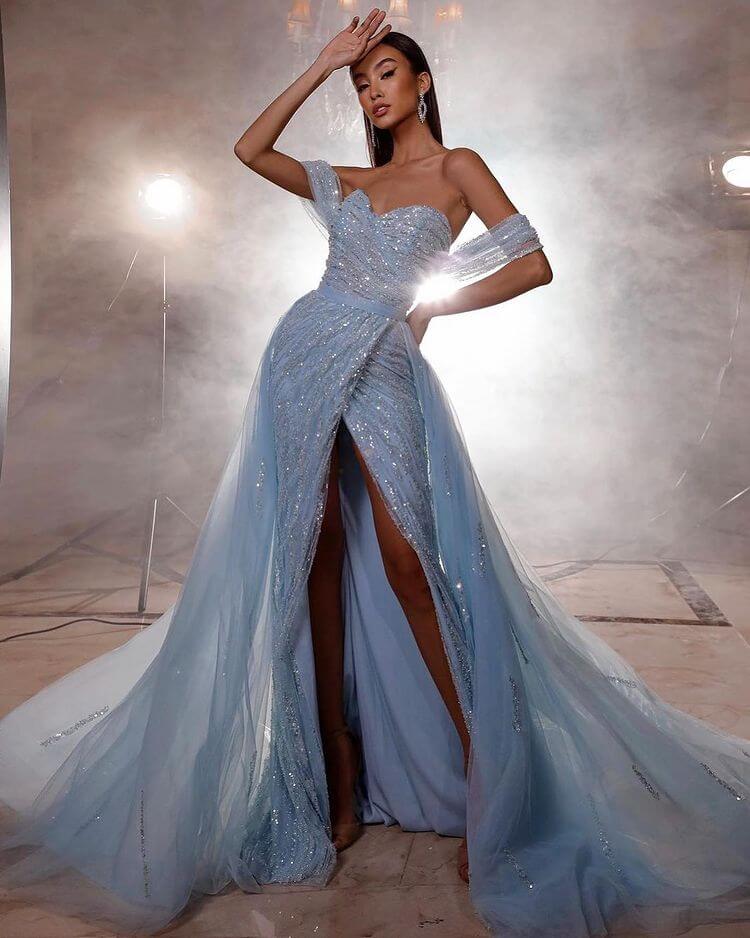 Bellasprom Sky Blue Off-the-Shoulder Evening Dress Mermaid SPlit Tulle ...