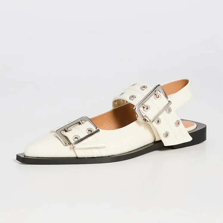 White Pointy Toe Grommet Buckle Straps Slingback Flat Shoes for Women |FSJ Shoes