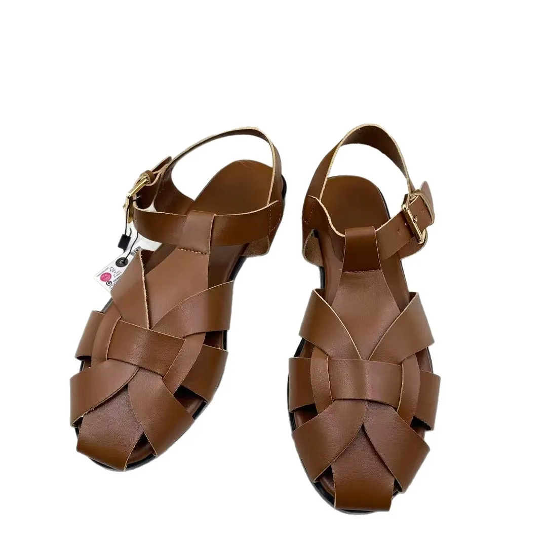 Breakj Breakj Home 2025 New Leather Big Head Sandals Women Summer Wide Fat Feet Soft Low Pure Bag Heel Head Cow