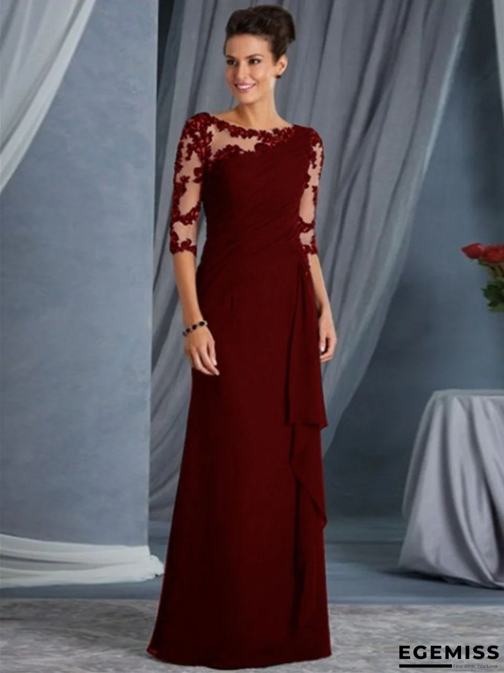 Long Lace Perspective Round Neck Mid Sleeve Dress Wedding Black Dresses | EGEMISS