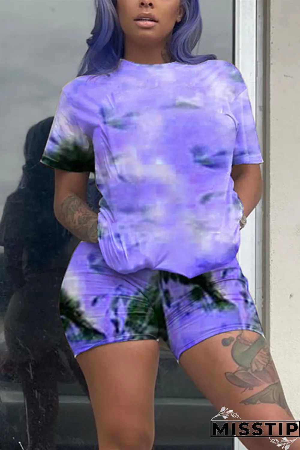 Pink Fashion Casual Tie-dye Printed Two-piece Set