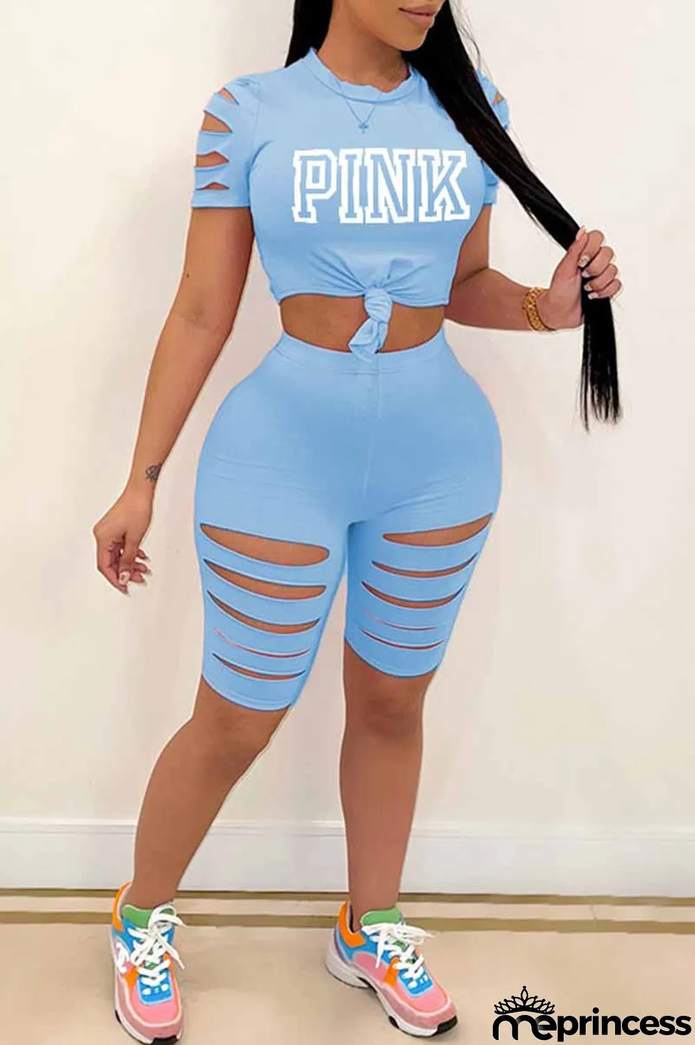 Black Casual Print Ripped Letter O Neck Short Sleeve Two Pieces