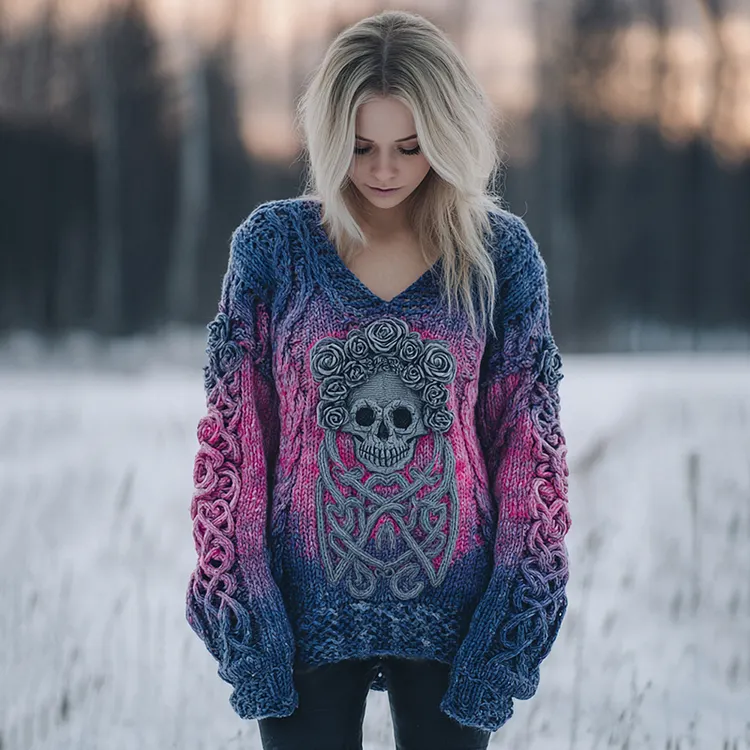 Women's Vintage Celtic Knot Skull Gradient V-neck Sweater
