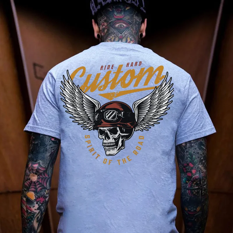 CUSTOM SPIRIT OF THE ROAD Skull with Winged Helmet Black Print T-shirt