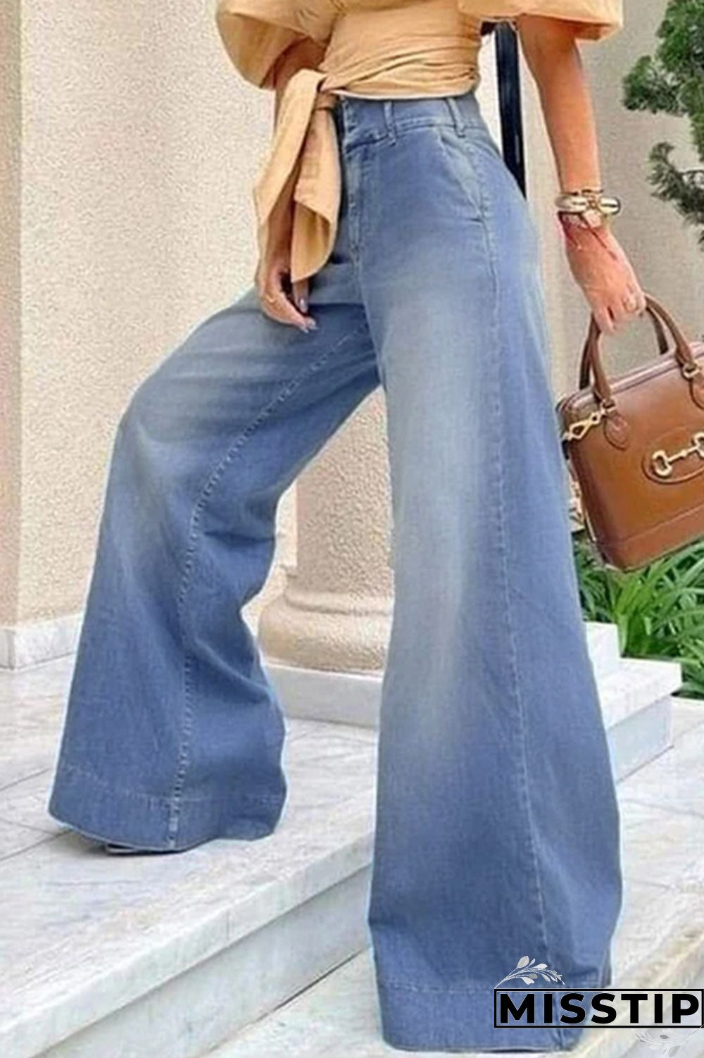 Blue Street Simplicity Solid Patchwork High Waist Boot Cut Denim Jeans