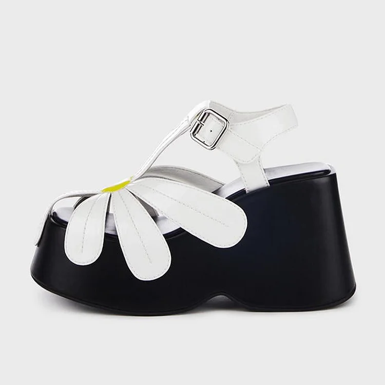 White Platform Wedge Heels Women'S Round Toe Strappy Sandal Cute Flower Shoes |FSJ Shoes
