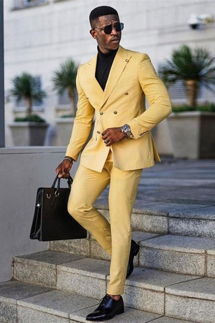 Modern Yellow Peaked Lapel With Double Breasted Business Man's Suit | Risias