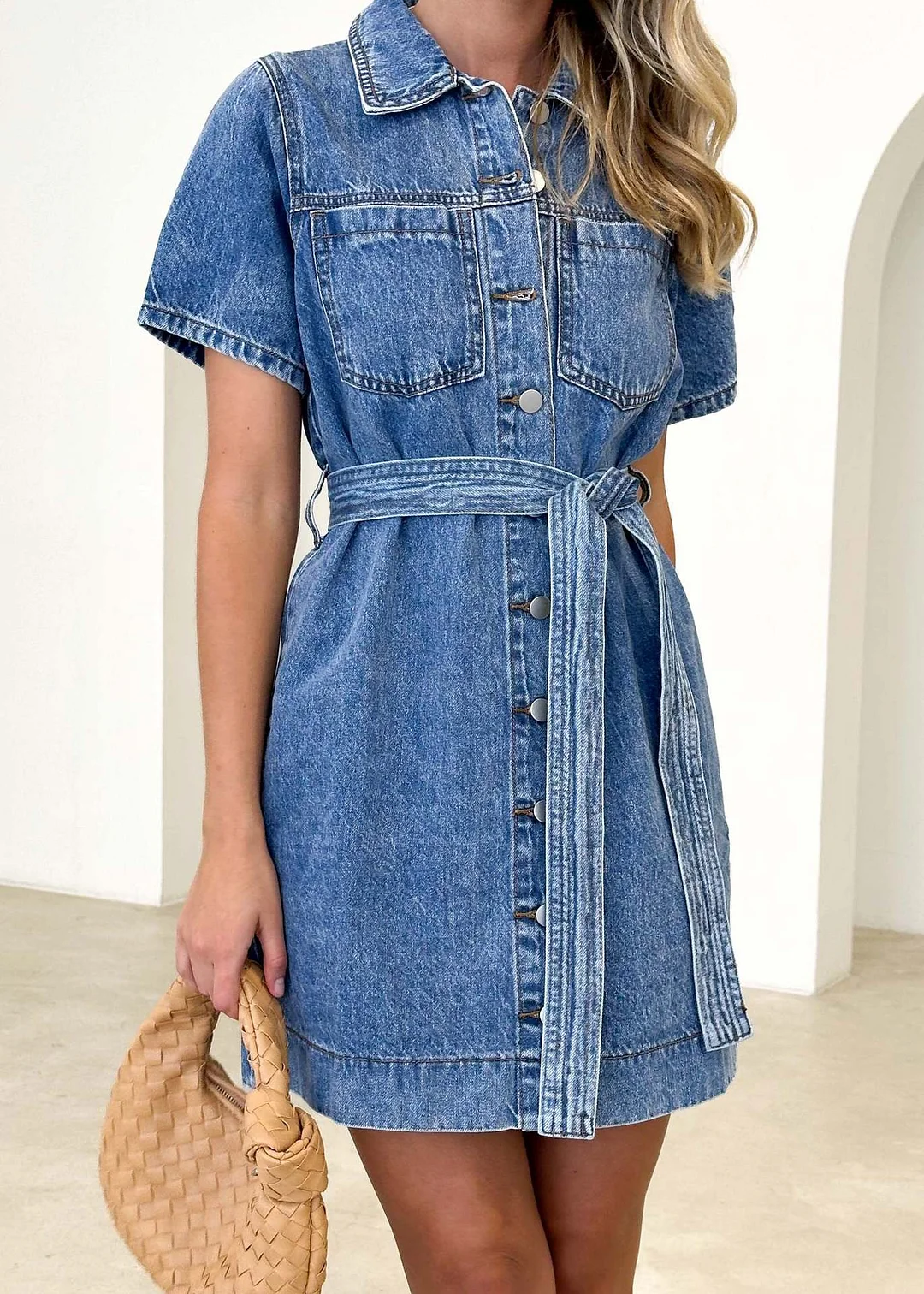 Women's Lapel Short Sleeve Loose Denim Mini Dress