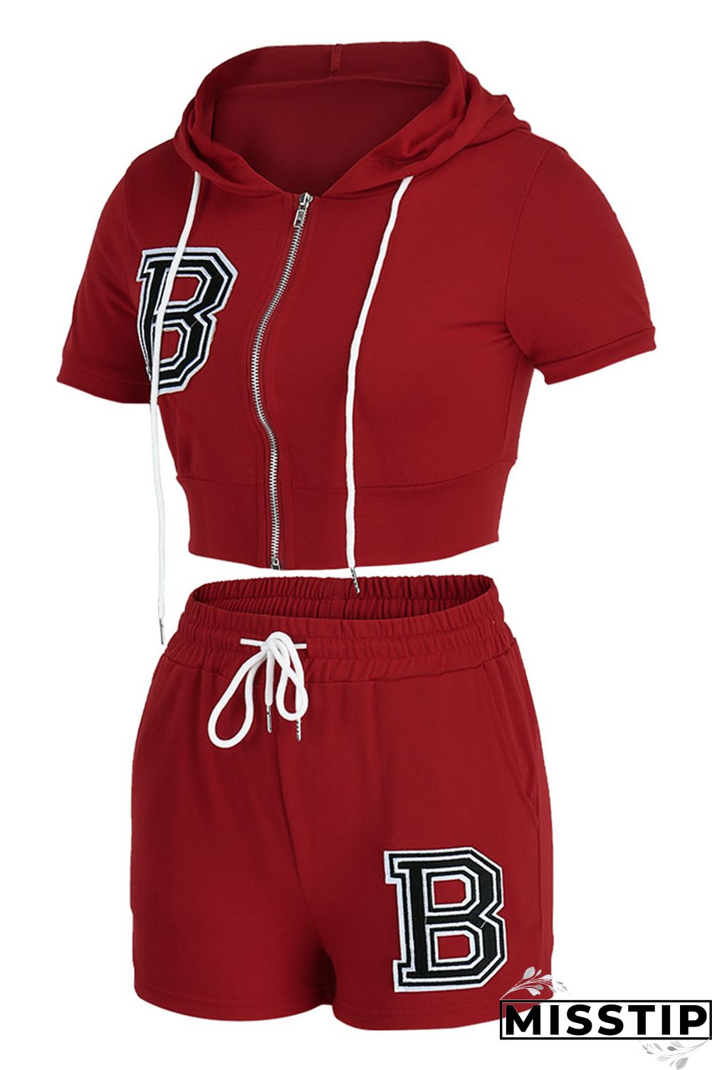 Red Fashion Casual Letter Solid Embroidered Hooded Collar Short Sleeve Two Pieces