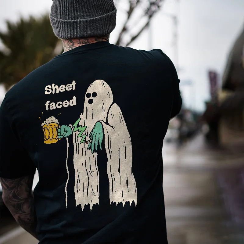 Sheet Faced Ghost Drinking Beer And Smoking Print Men's T-shirt -  UPRANDY