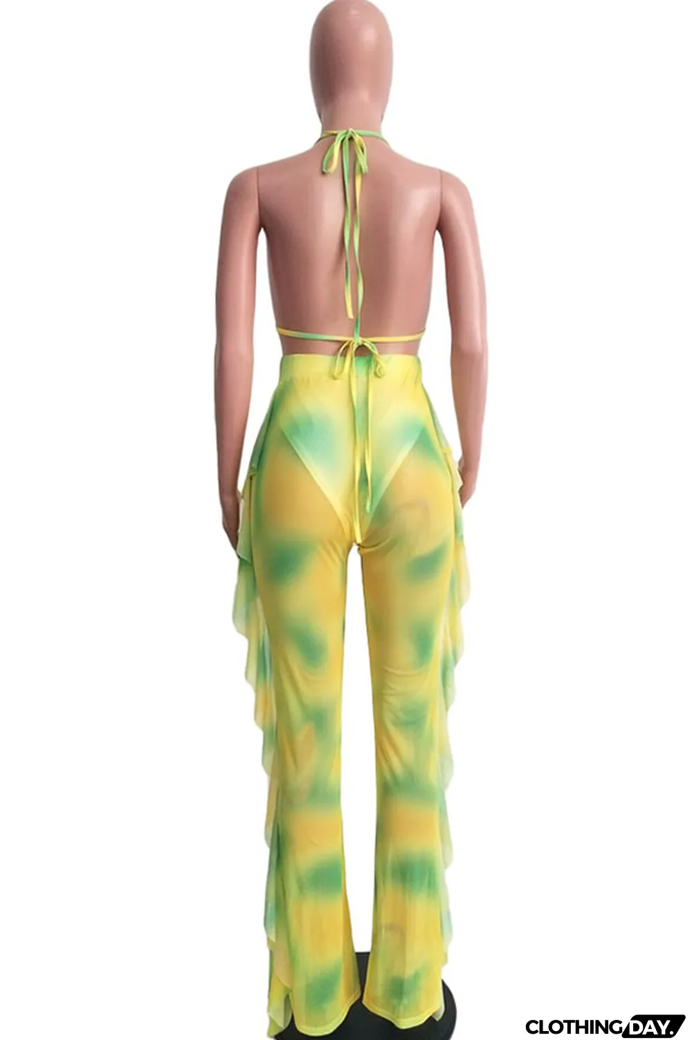 Yellow Polyester Sexy Fashion Stringy selvedge Print Tie Dye Patchwork Loose Sleeveless