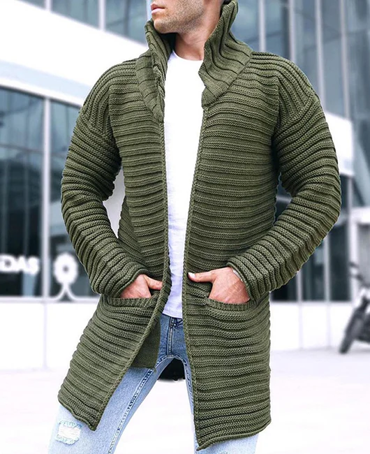 High Neck Pockets Knitted Long Cardigan Sweater 
