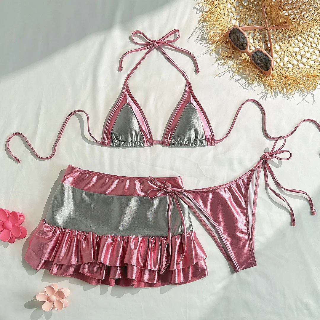 Uveng 2025 New Sexy Hot Tau Tarant Cloth Bump Color Bikini Three-Piece Short Skirt Strap Swimsuit Woman