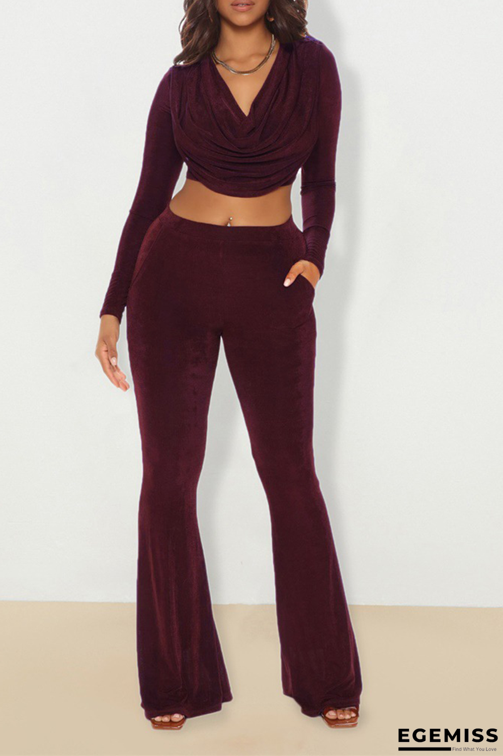 Burgundy Sexy Solid Patchwork V Neck Long Sleeve Two Pieces | EGEMISS